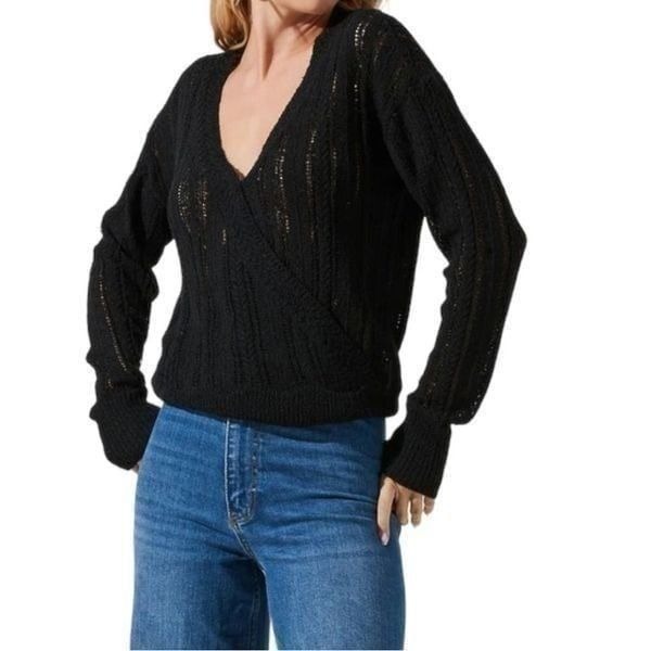 ASTR Pointelle Wrap Front Sweater in Black