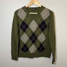 J. Crew Men's 100% Lambs Wool V-Neck Sweater Size M Green Argyle Diamond