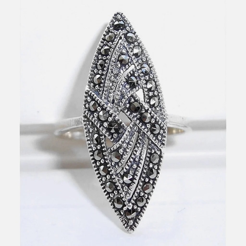 Size 9, 925 STERLING SILVER Marquise Shape Marcasite Ring