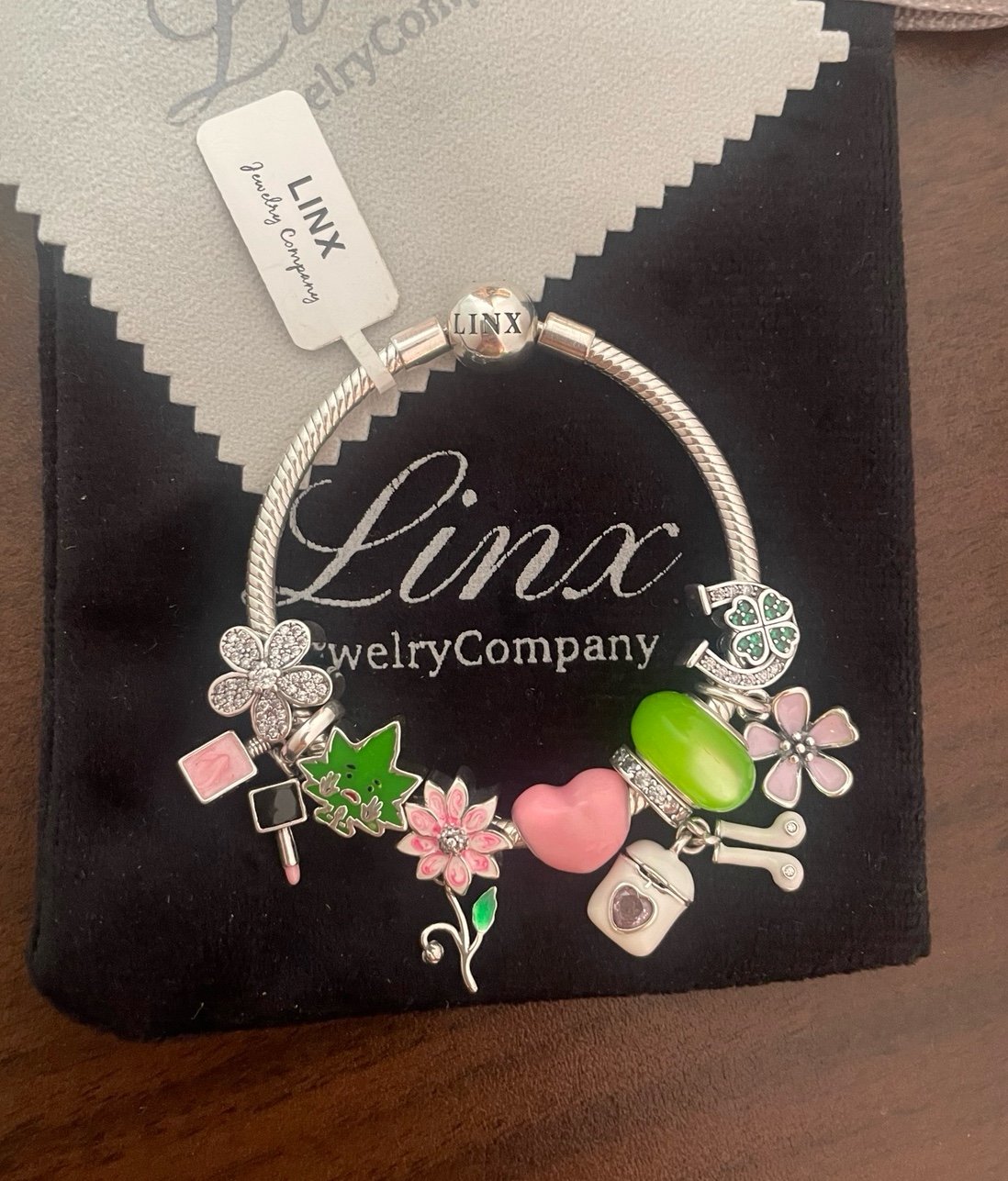 Linx Silver Snake Chain Bracelet with Pink and Green Themed Charms