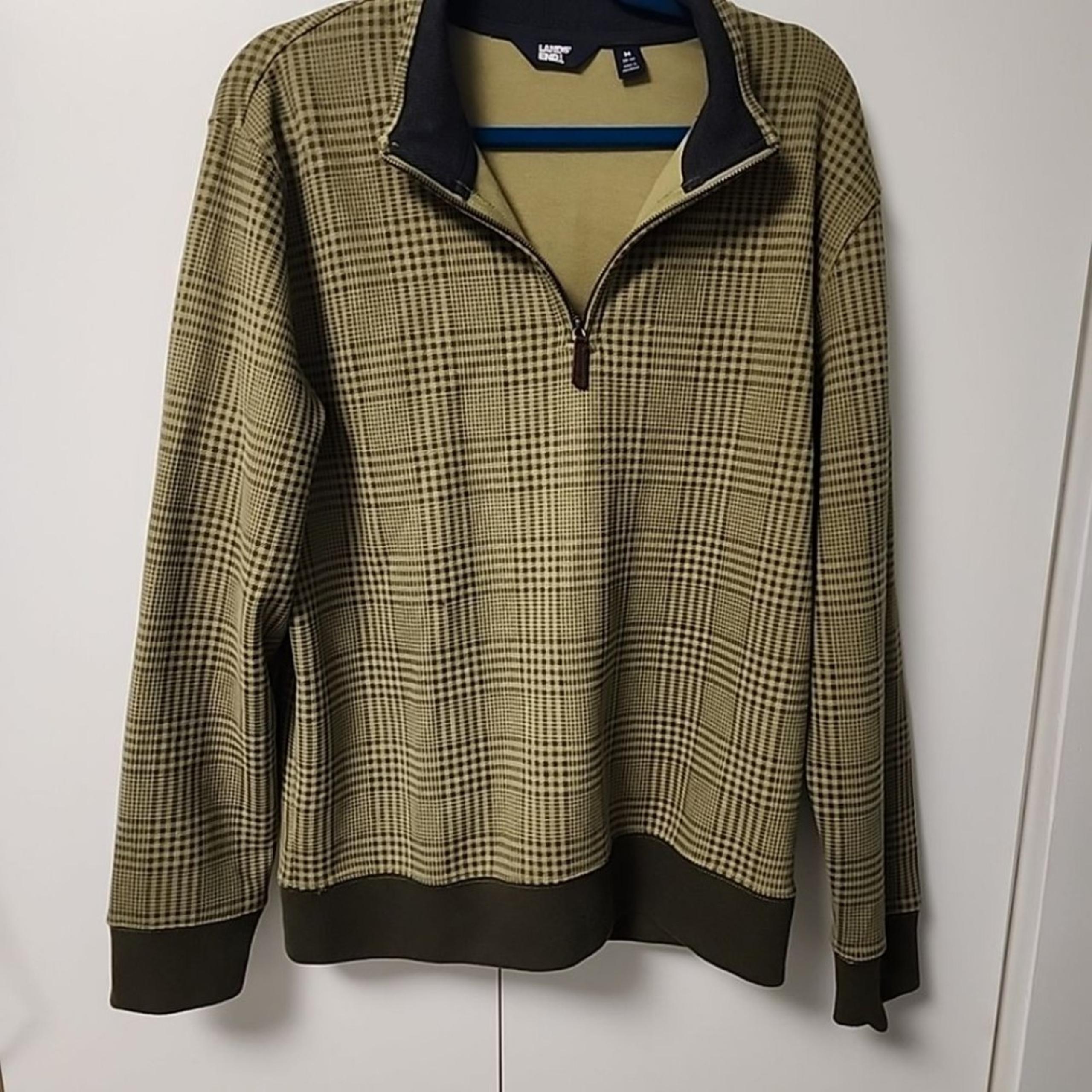 vintage Lands end mens 3/4 zip olive green plaid long sleeve sweater size medium