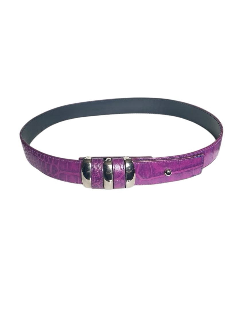 Omega Medium Purple Reptile Thin Leather Belt Statement Silver Buckle Hardware