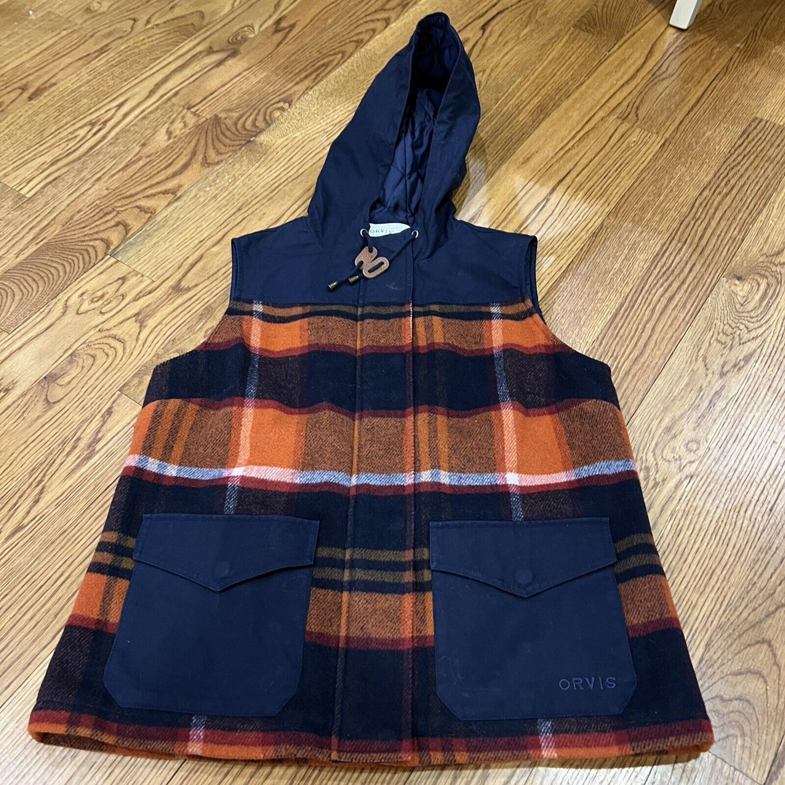 Orvis Field Vest Wool Blend With Hood Size Medium Orange Blue Red Plaid