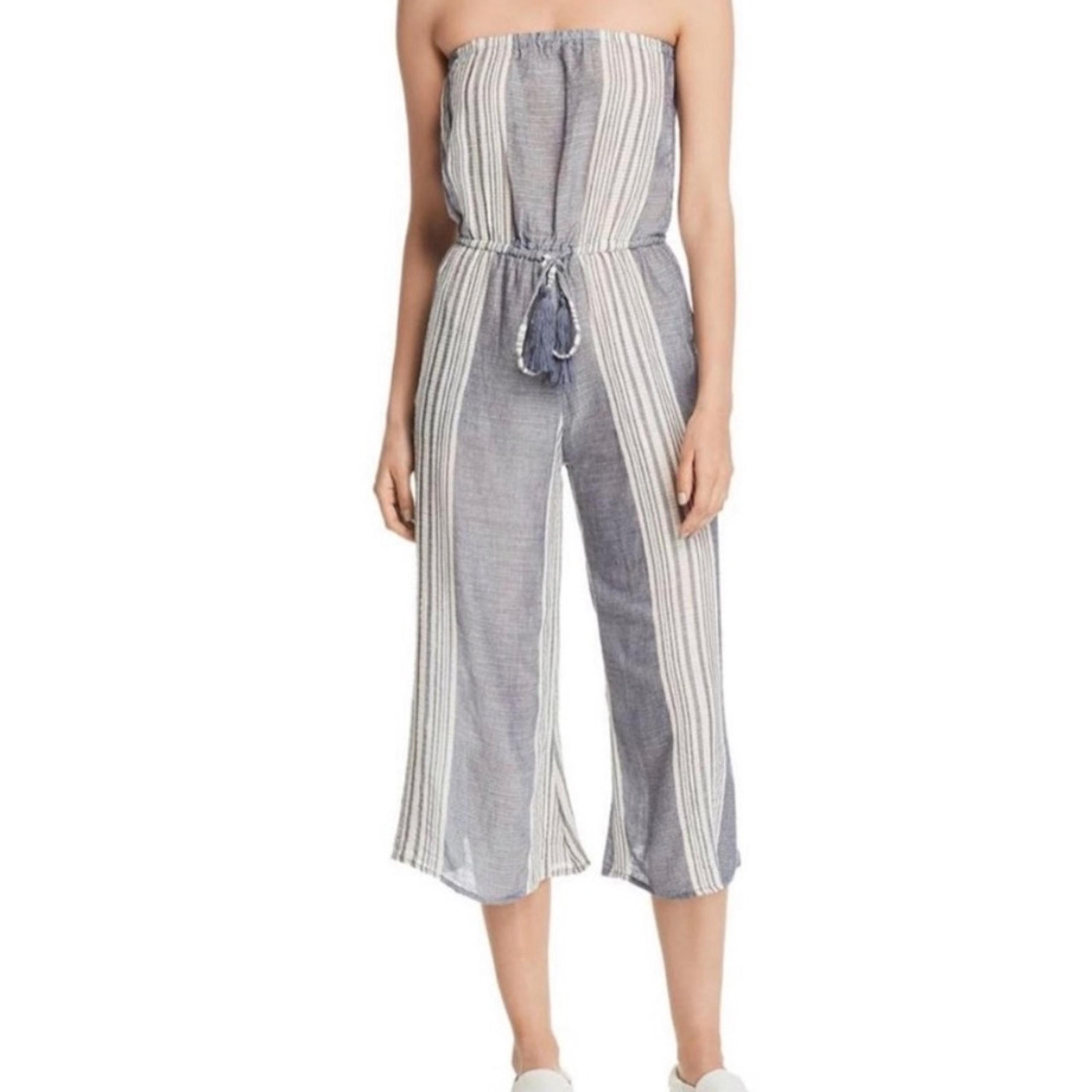 Elan Blue White Stripe Strapless Guazy Cotton Jumpsuit Medium