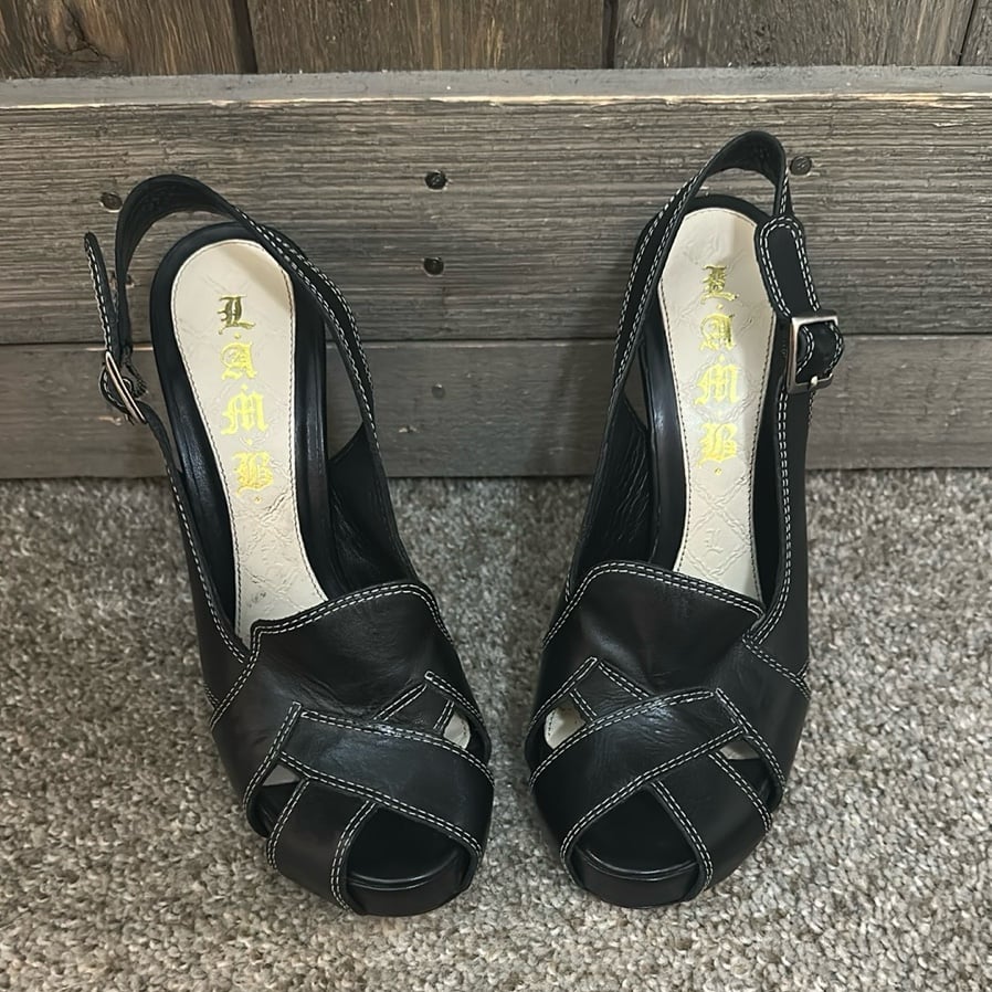L.A.M.B Gwen Stefani Giulianna Black Leather Retro Peep Toe Platform High Heel