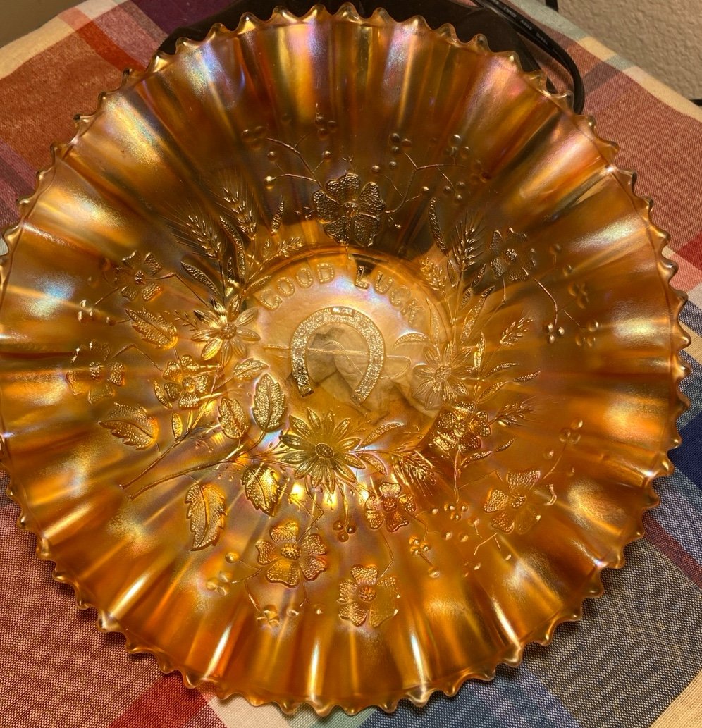 Vintage “Good Luck” Marigold Carnival Glass Bowl!