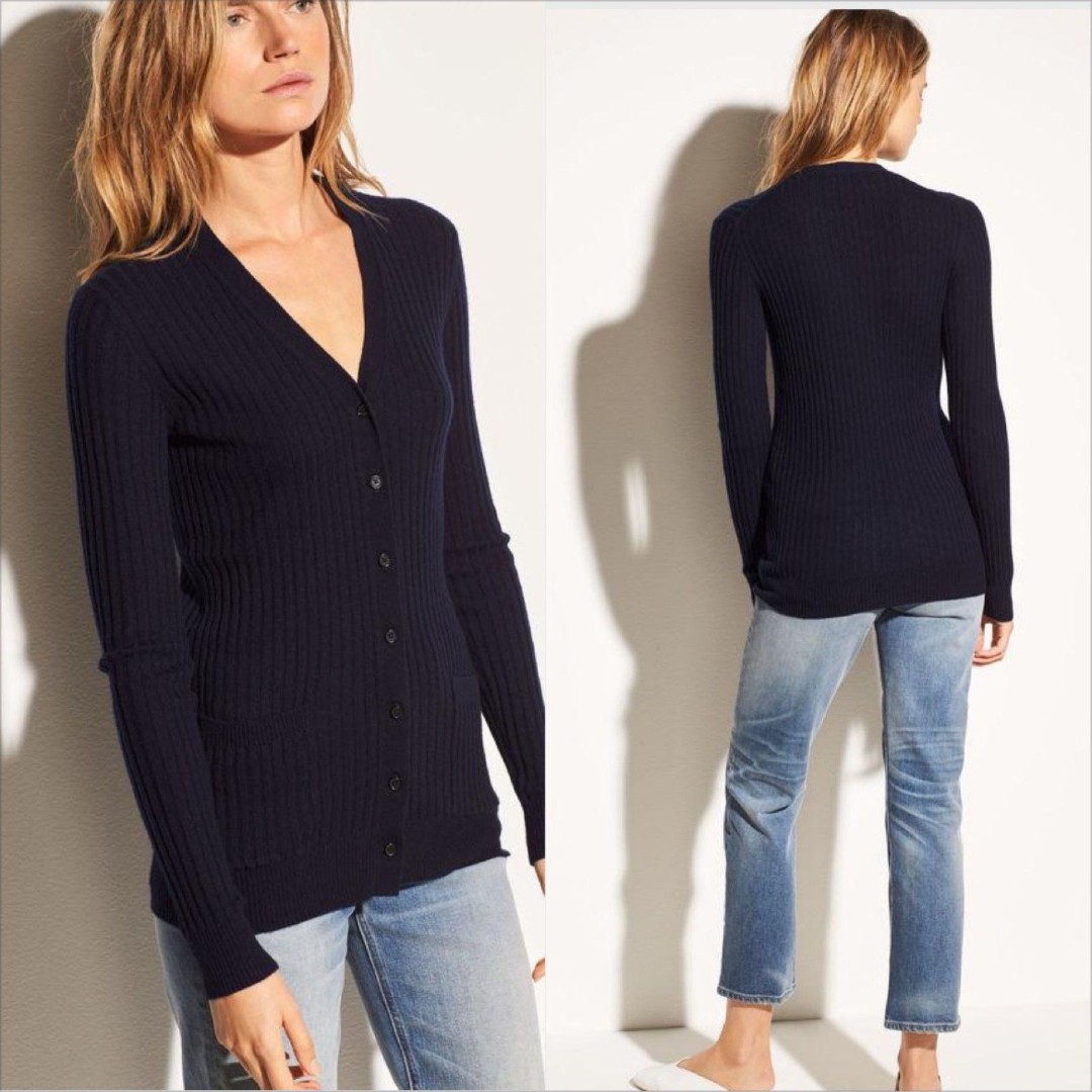 Vince Rib Skinny Cashmere Cardigan in Coastal Blue Size Small Quiet Luxury