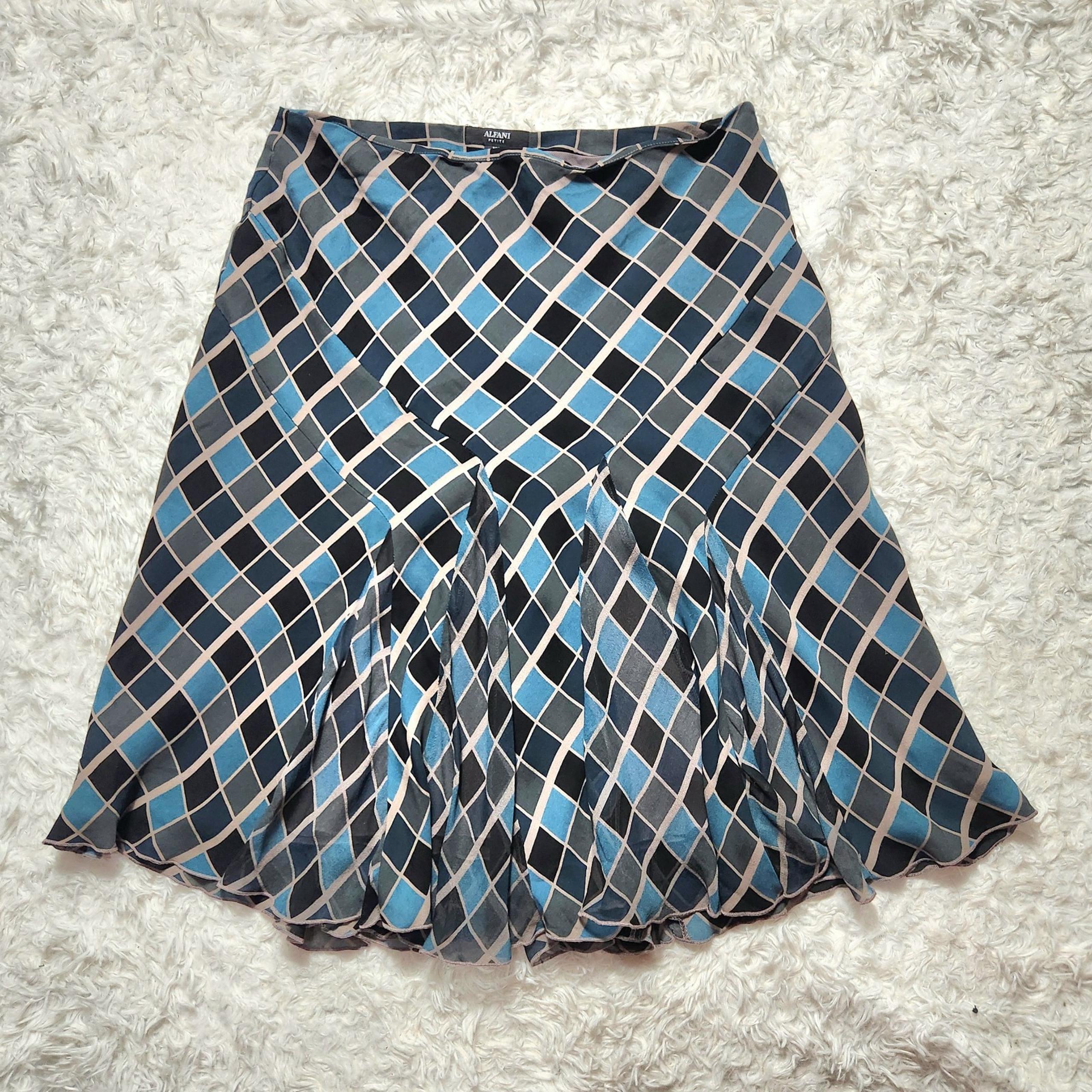 Alfani Womens 10 Petite Silk Diamond Ruffle Mini Skirt Teal Black Beige Lined