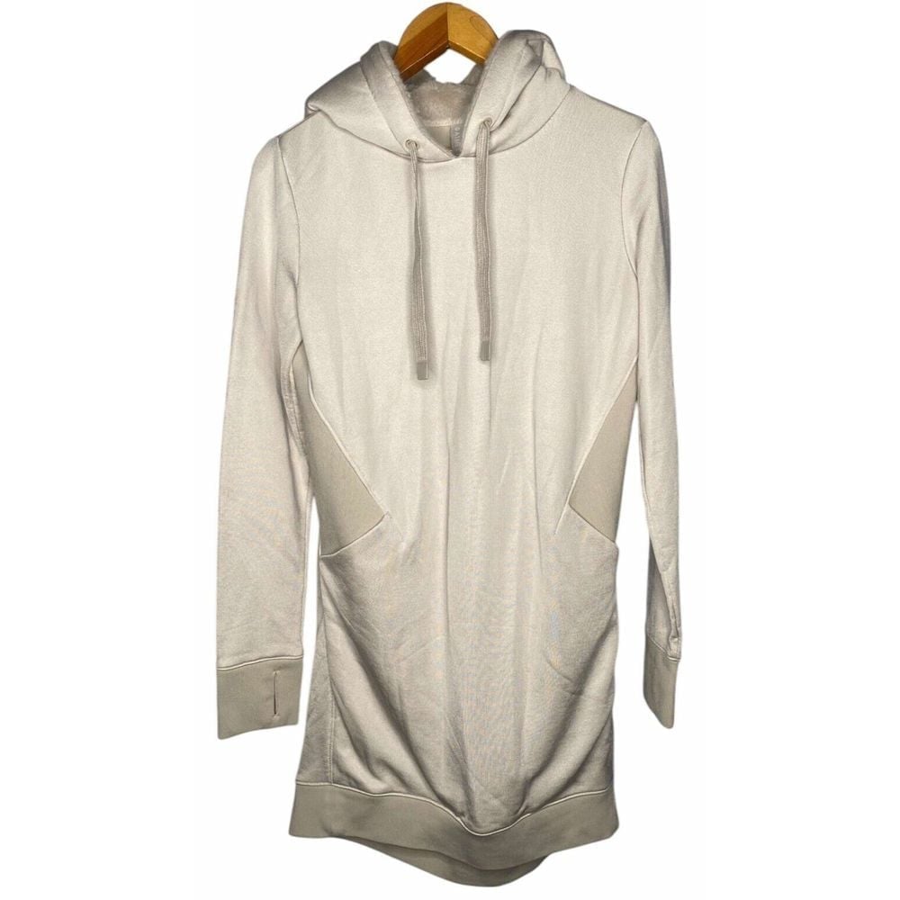 ATHLETA womens LONG SLEEVE TRIUMPH SWEATSHIRT DRESS Size Medium Tall Cream/Gray