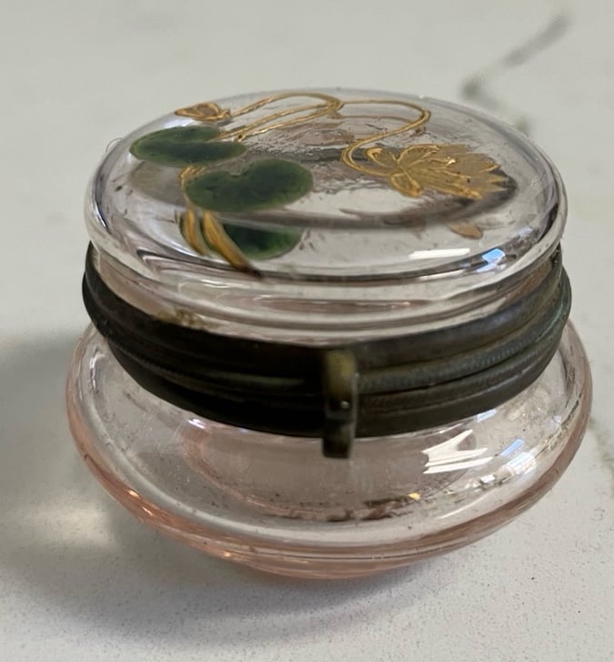 French Vanity-Ware Powder Box Hand Painted Clear Hinged Art Glass C.1890-1910