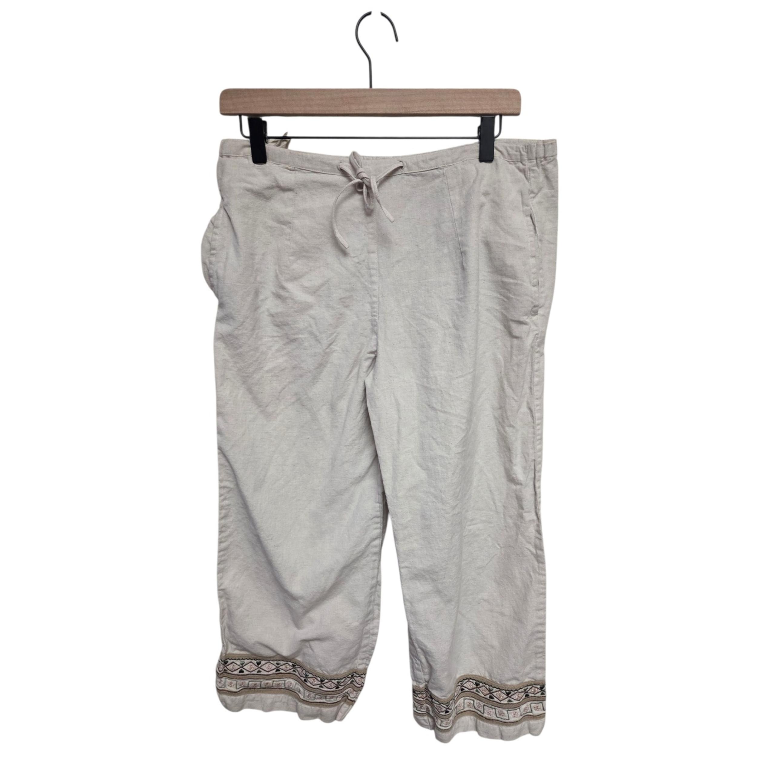 Units Linen Blend Capri Pants Embroidered Hem Drawstring Waist Beige Small