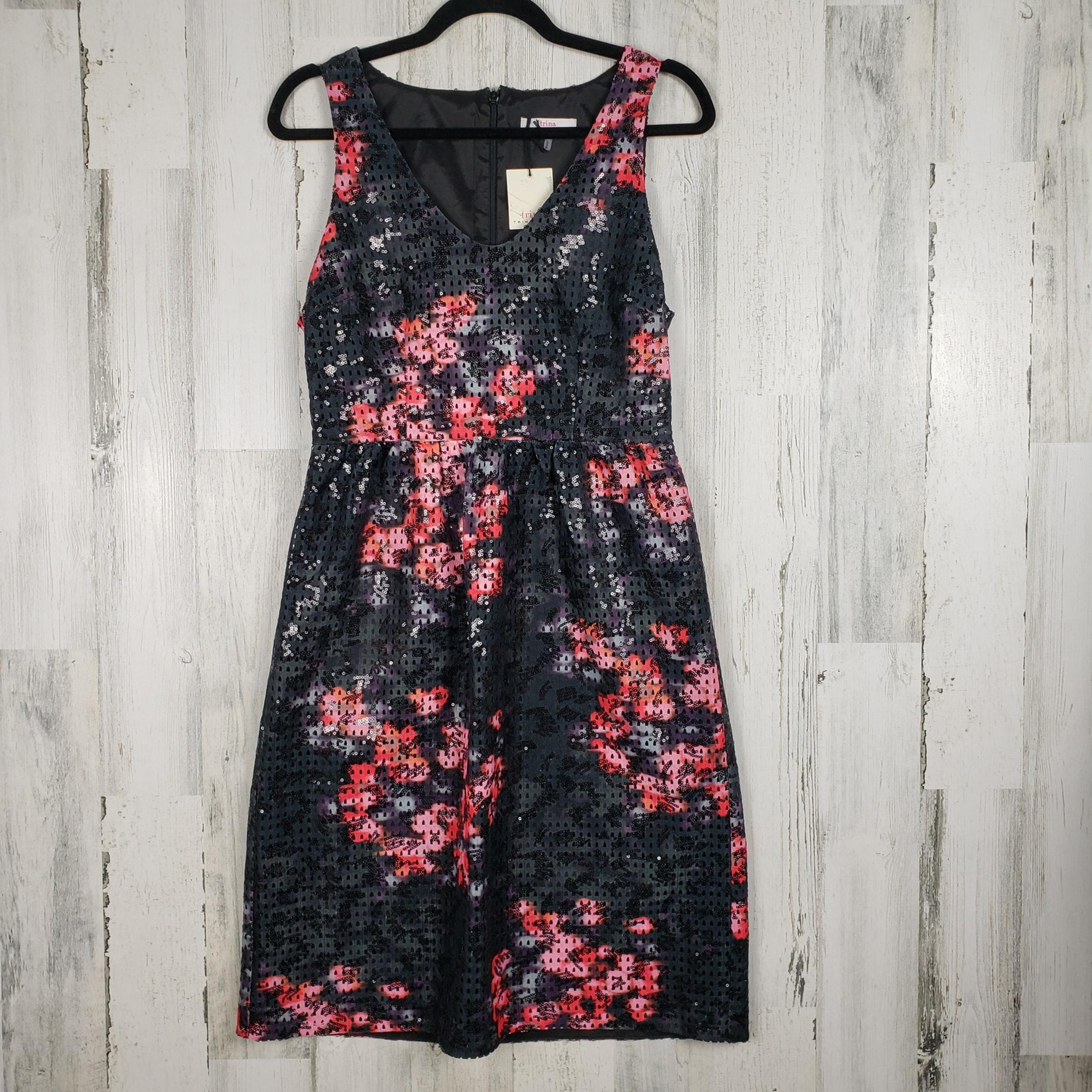 NWT Trina Turk Fresca Black Floral Sequined Sleeveless Dress Women's Size 4