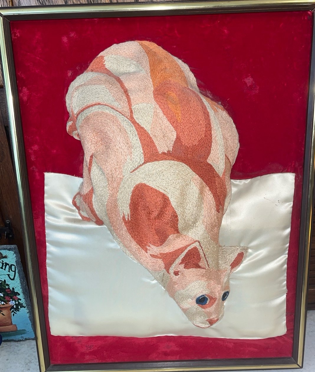 Large vintage cat embroidery art decor 3-D