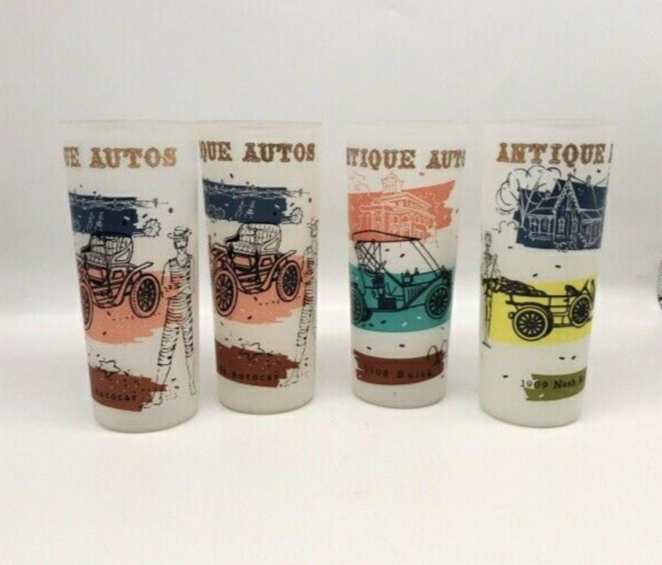 4 Anchor Hocking Antique Autos 16oz Frosted Glass Tumblers Tom Collins Glasses