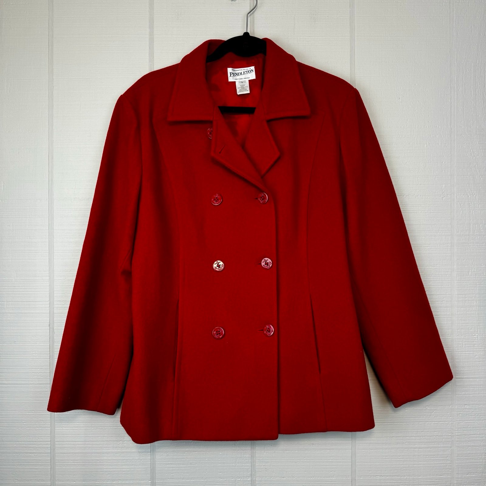 Pendleton Red Merino Wool Double Breasted Pea Coat Jacket Anchor Buttons L USA