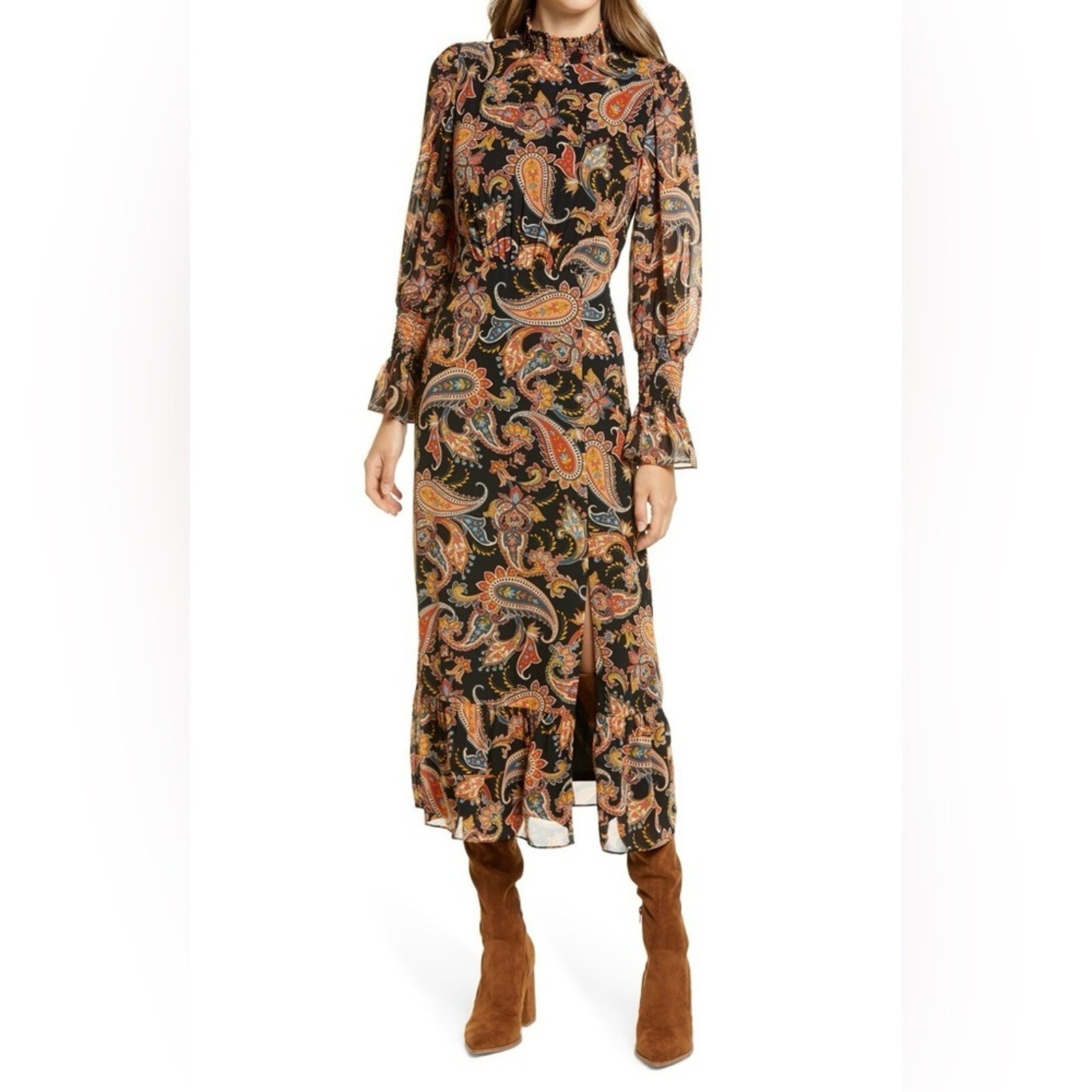JULIA JORDAN Paisley Long Sleeve Midi Dress - Black Multi boho sheer SIZE 2