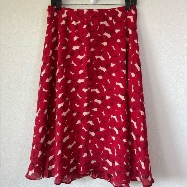 Jones New York 100% Silk Red Flared Midi Skirt Sz 10 Floral Lined Feminine