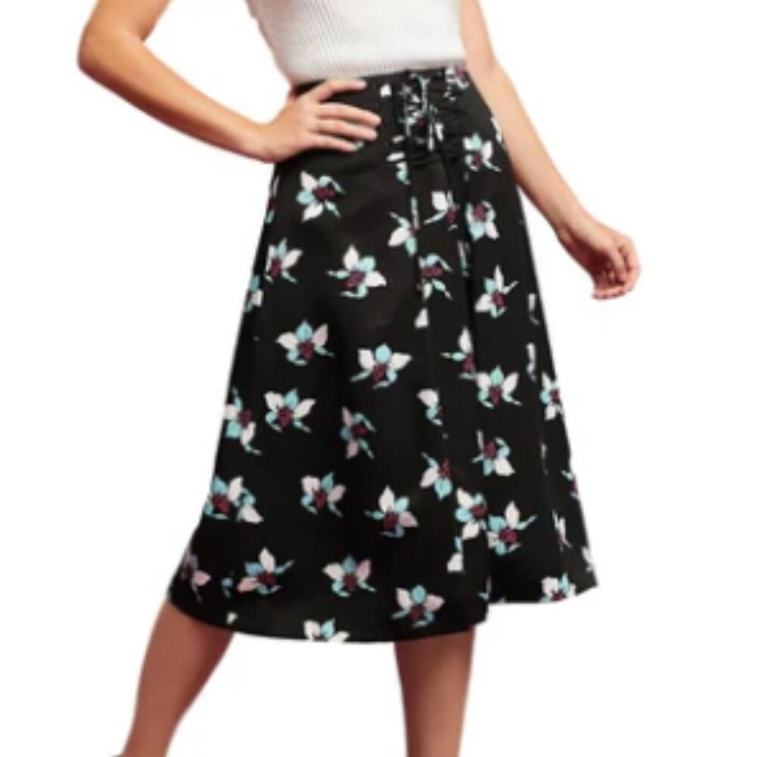Anthropologie Maeve Lace-Up Floral Print A Line Black Midi Skirt Sz 2 EUC