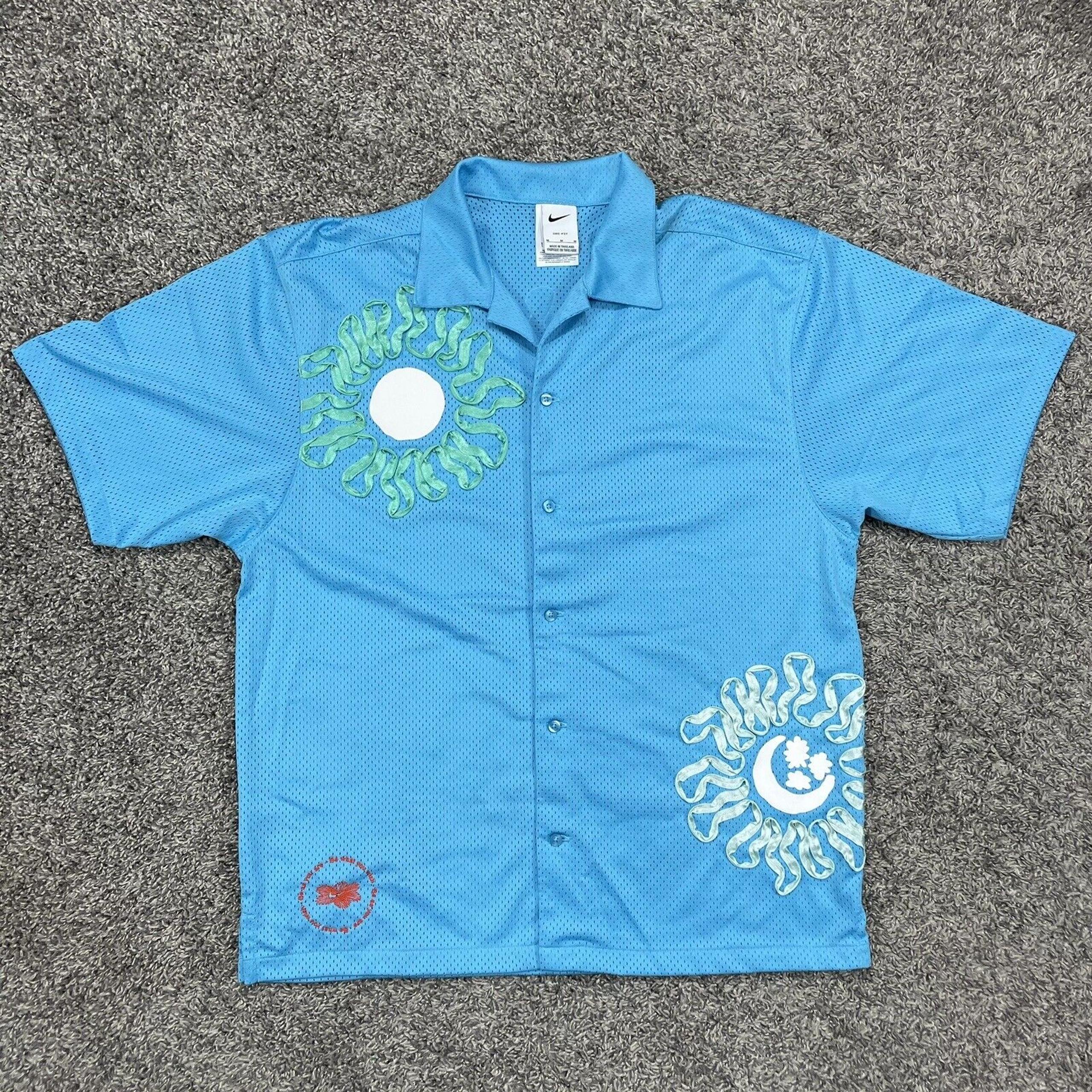 Nike Euphoria Button Down Collar Shirt Dri-Fit Mesh Floral Earth Blue Mens M