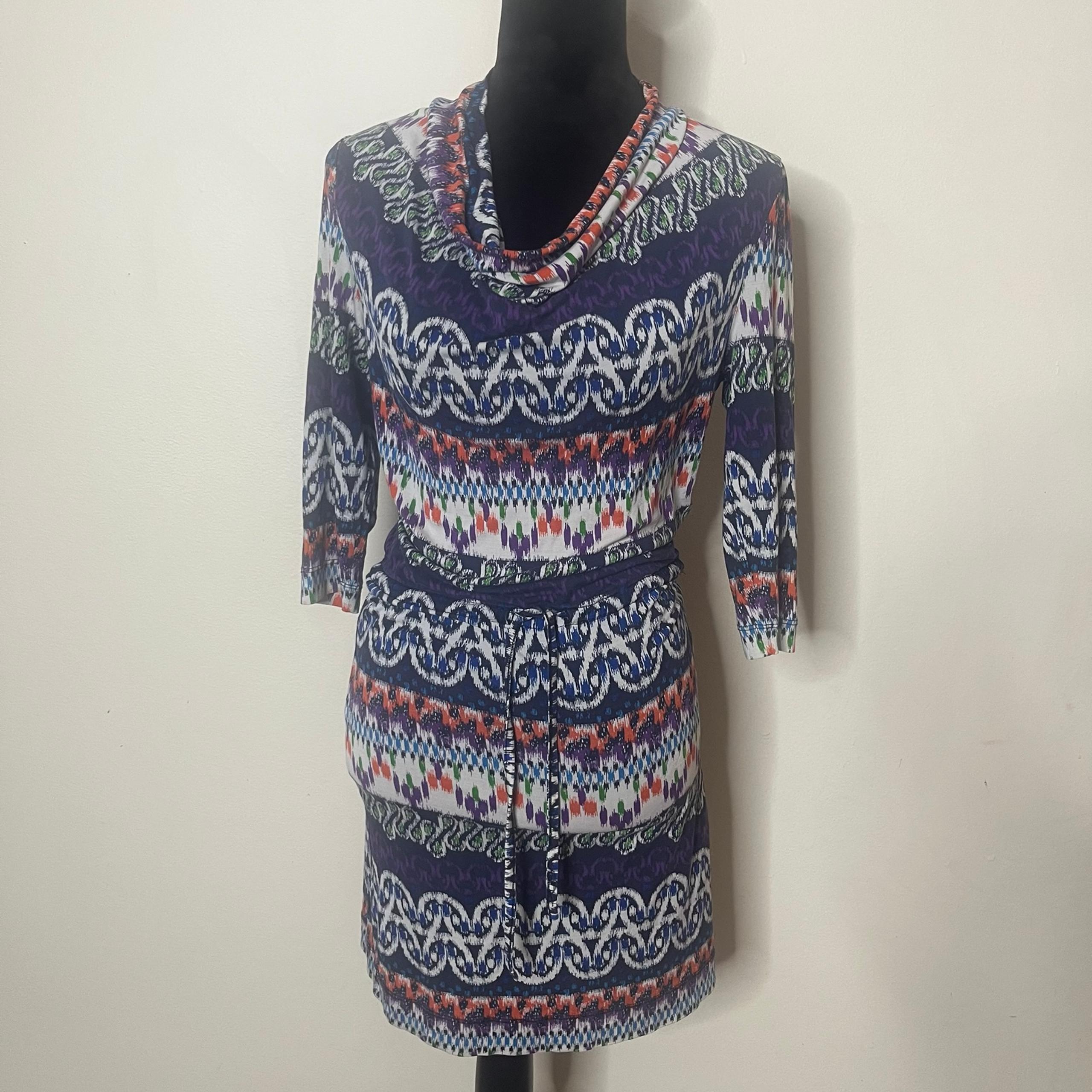 Tory Burch Women’s Navy Multicolor Cowl Neck 3/4 Sleeve Drawstring Mini Dress S