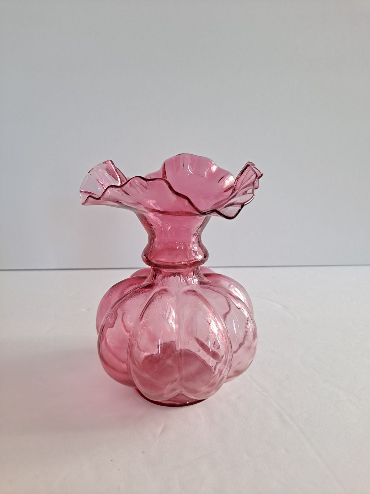 Fenton Cranberry Ruffle Top Melon Vase