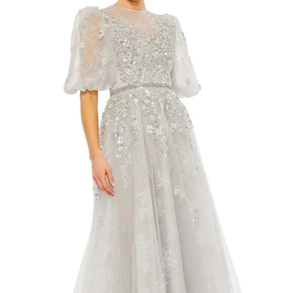 Mac Duggal Platinum Gray Embellished Puff Sleeve A-Line Gown