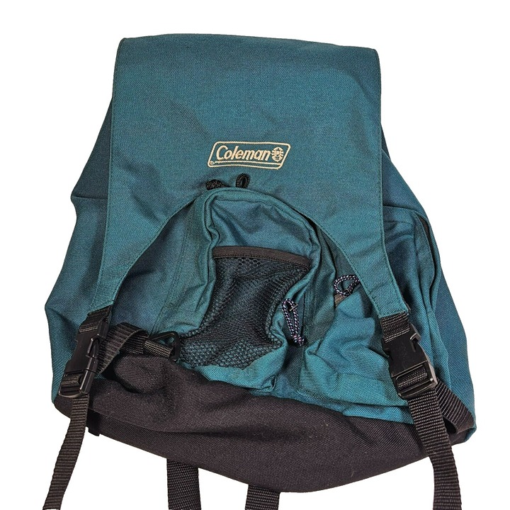 Vintage Coleman Top-Flap Wide Mouth Drawstring Backpack Green Nylon 12x14