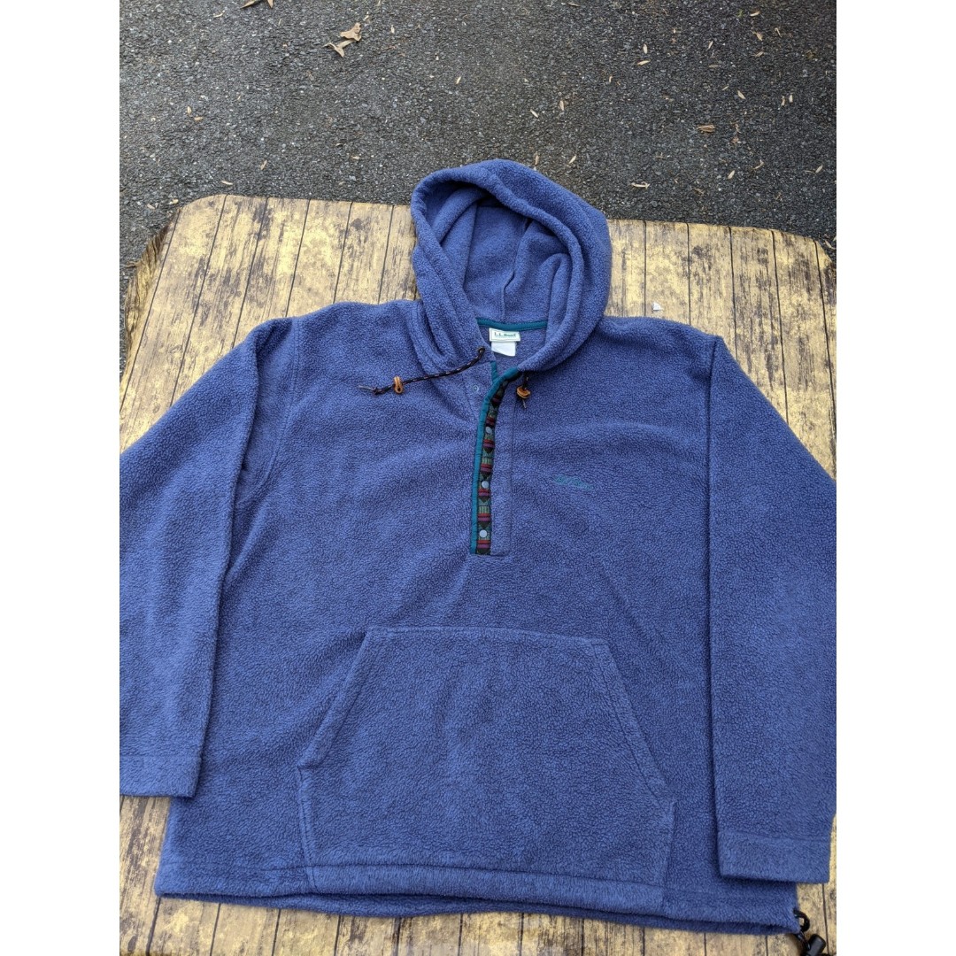 Vintage L.L. Bean Half Button Fleece Hooded Blue Jacket Made in USA XL