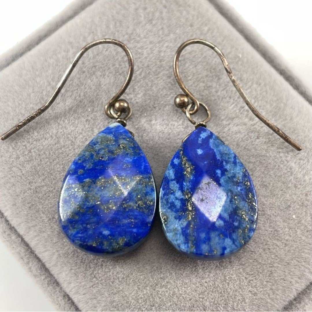 ATI BR CN Marked Gold Tone Lapis Lazuli Dangle Earrings Statement