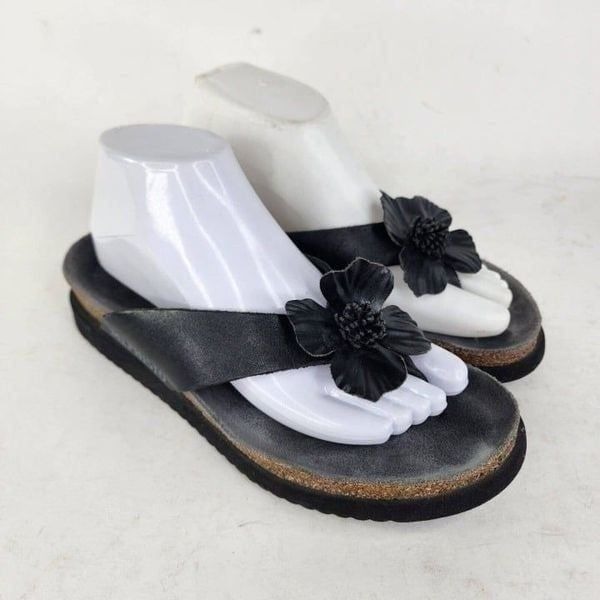 MEPHISTO Violette Air Relax Flower Flip Flop US 8.5 Black Leather Thong Sandals