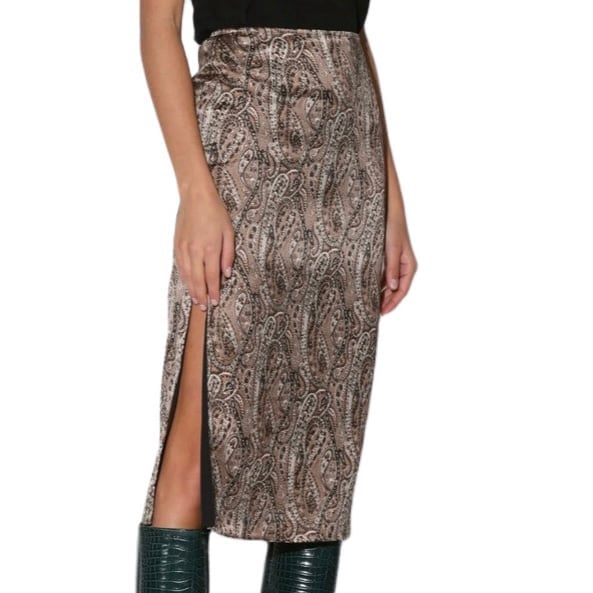 NWT Walter Baker Satin Brown, Black & Cream Paisley Satin Pencil Midi Skirt Sz 2
