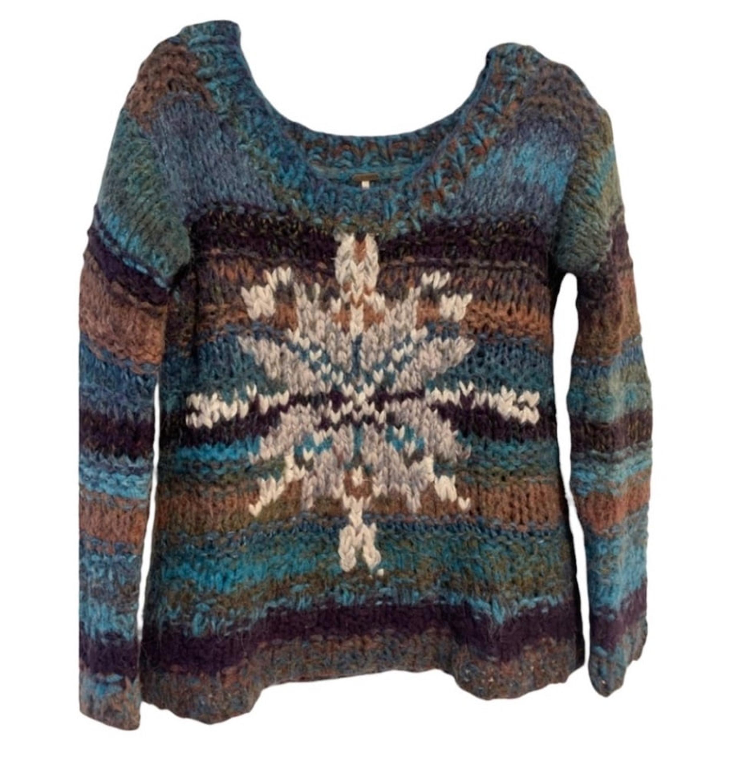 Free People - Blue Snowflake Sweater - Striped, Large Knit, Scoop Neck - Size XS