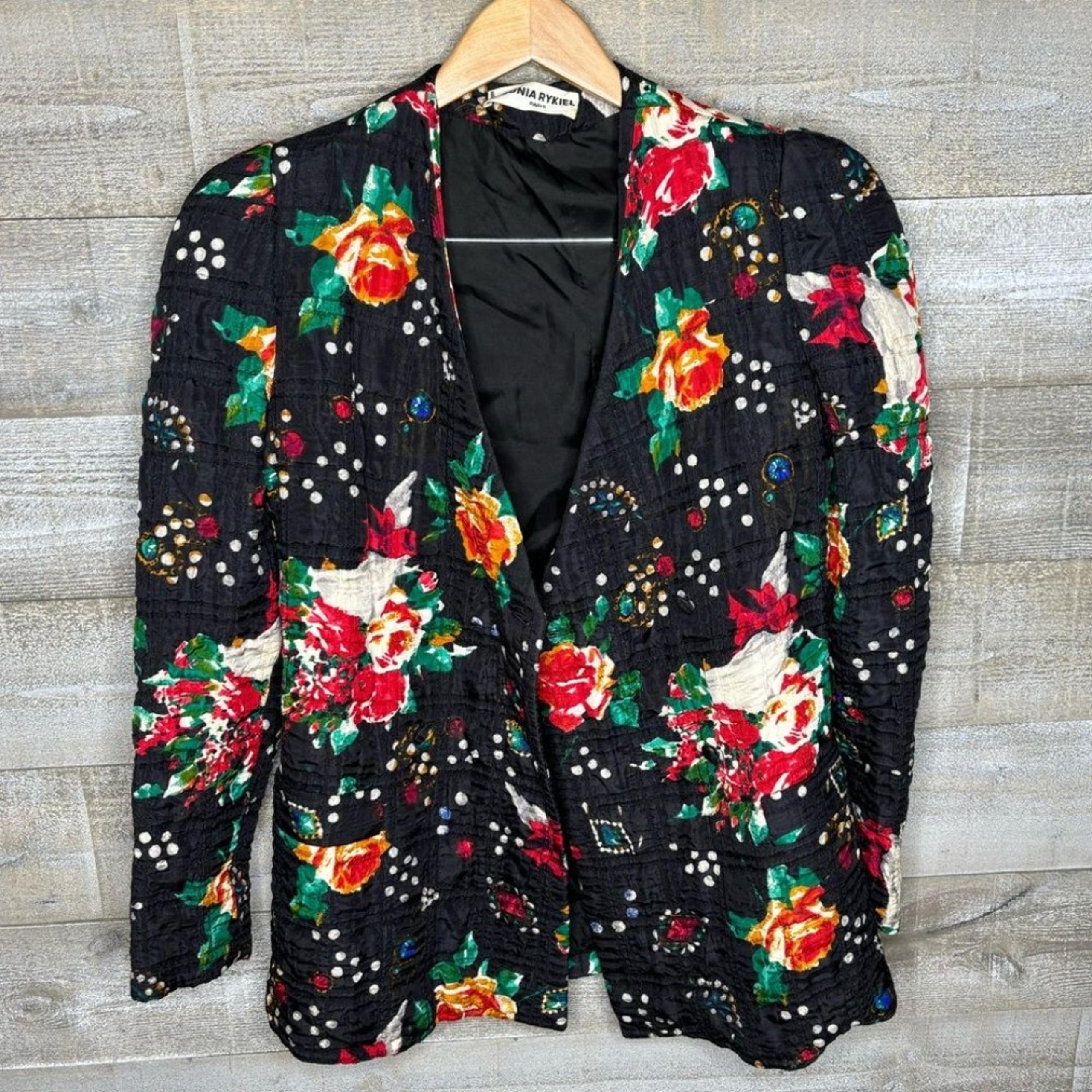 Sonia Rykiel large 100% Silk Vintage Black Floral Blazer