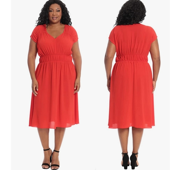 NWT London Times Red Ruched Short Sleeves Midi Dress Women's Size 14W