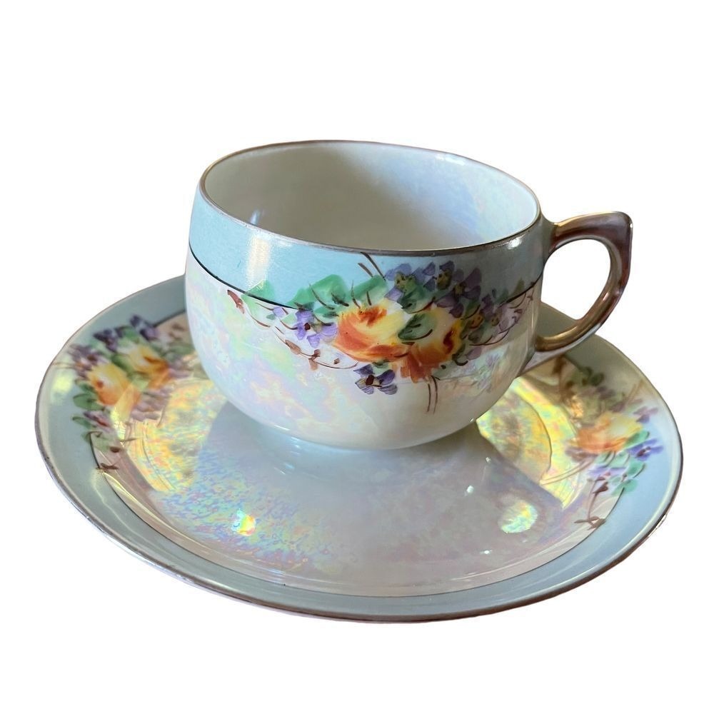 D&B Germany Vintage Tea Cup and Saucer Set Floral Iridescent Vintage Decor