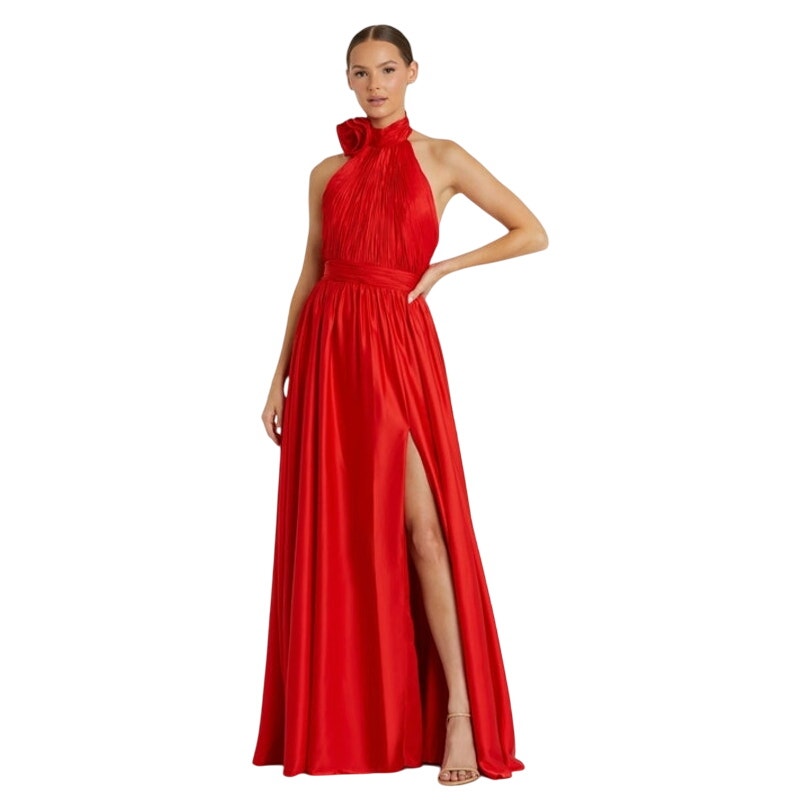 MAC DUGGAL Dress Size 12 Evening Gown NEW Red Soft Tie Halter Neck High Slit