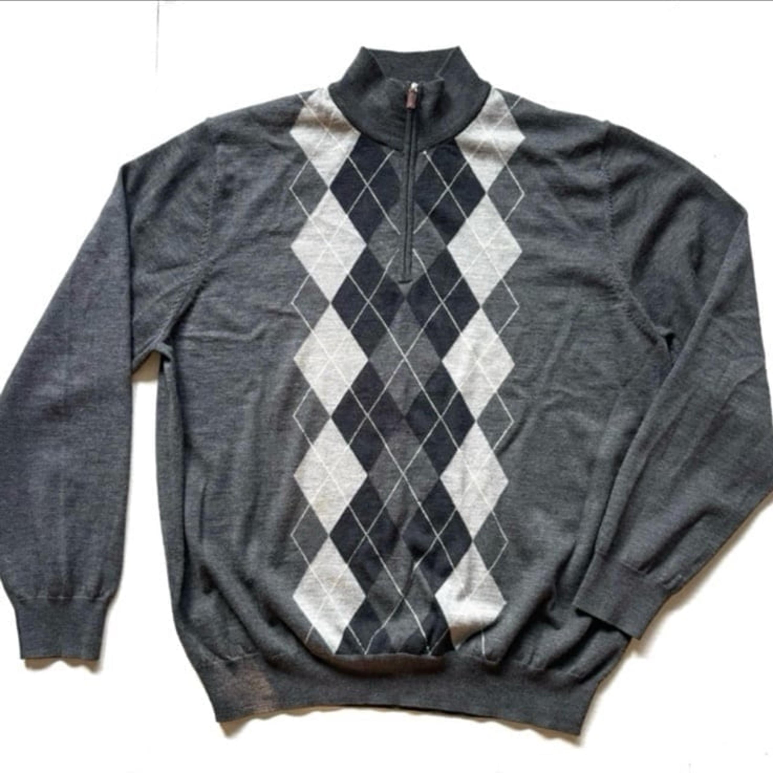 Carnoustie Merino Wool Long Sleeve Zip Pullover Sweater Argyle Gray Mens XL NWOT