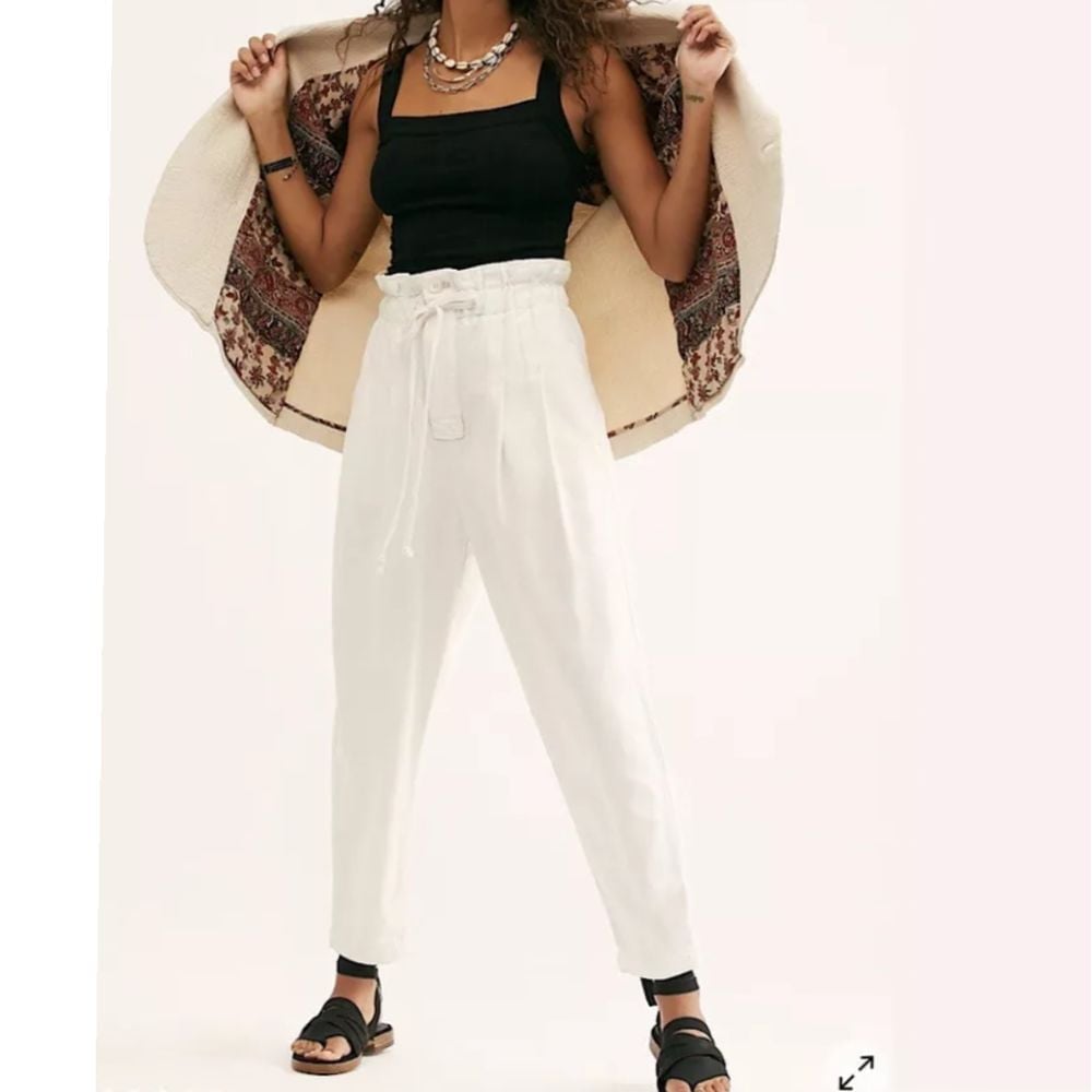Free People Margate Button Fly Barrel Crop Pants White Paperbag Waist Size XS