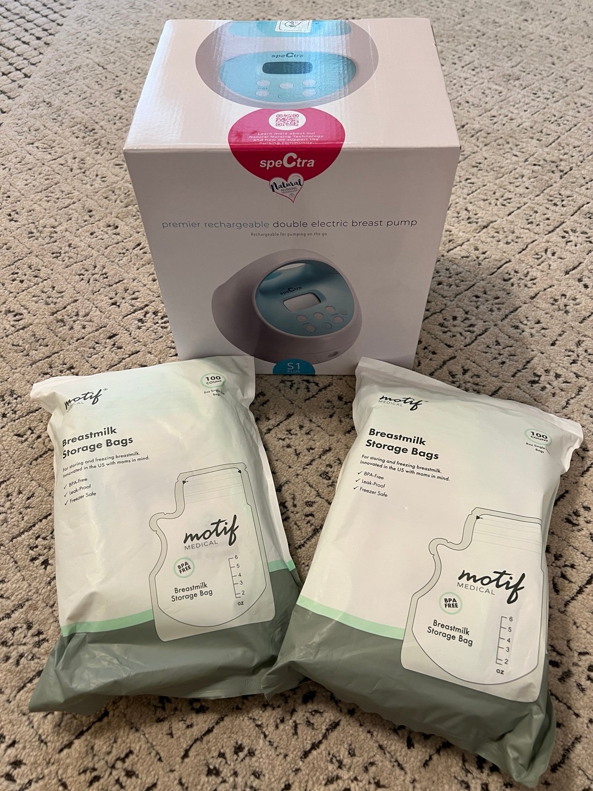NEW (sealed) Spectra S1 Plus Breast Pump with 200 Motif Breastmilk Storage Bags