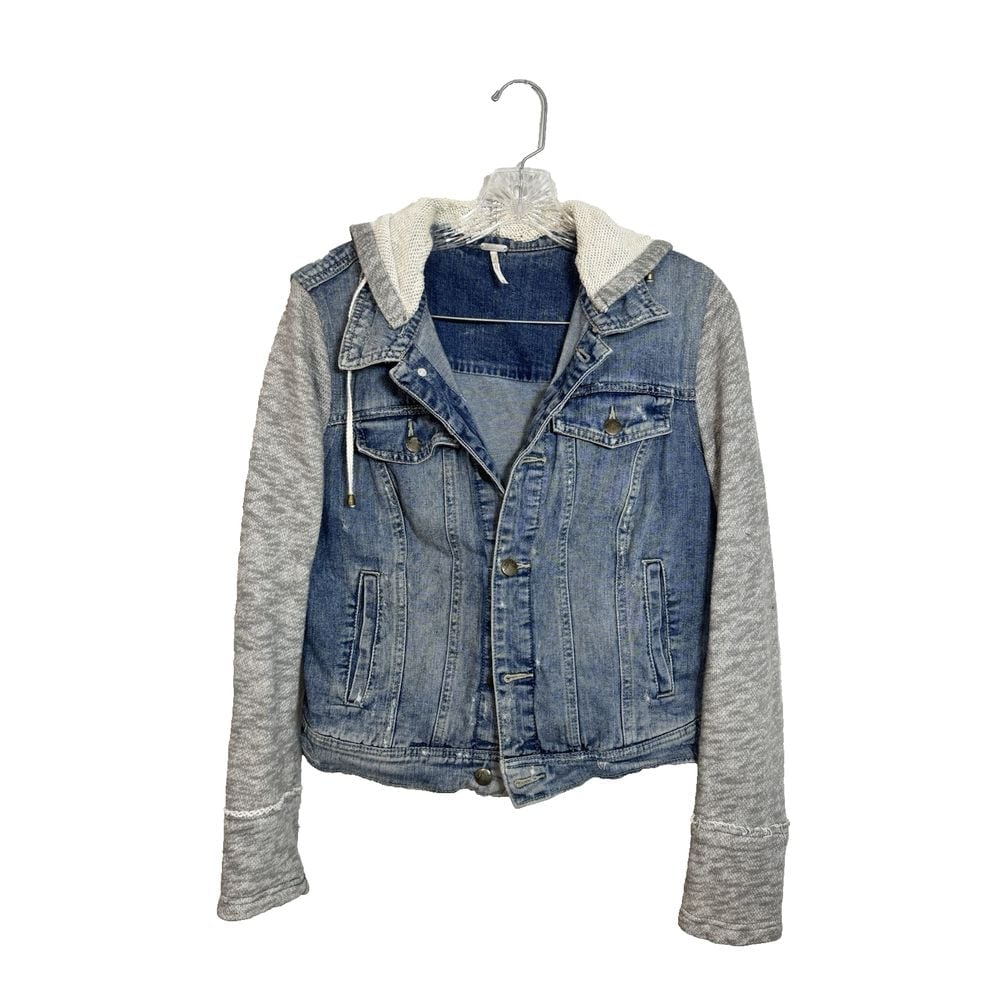 Free People Hooded Denim Jacket Womens Medium Knit Distressed Drawstrings