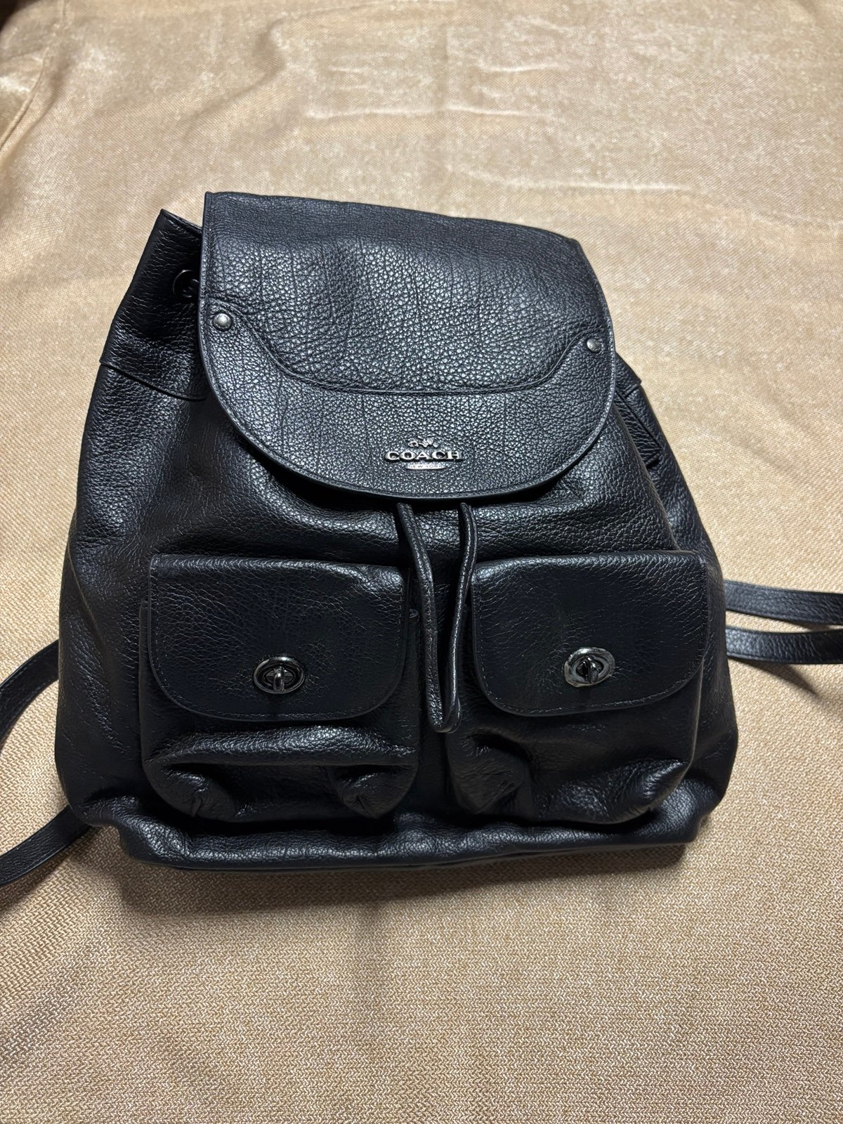 COACH Backpack Pebbled Black Leather Backpack Adjustable Straps Turnlock