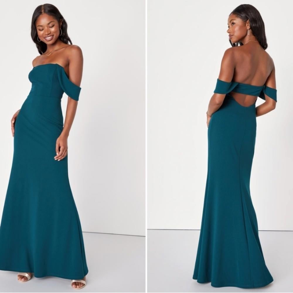 LULU's Sexy Prom Wedding Bridesmaid Emerald Green Off the Shoulder Mermaid Gown