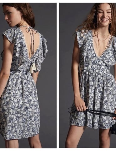 Anthropologie V-neck Plunge Tunic Mini Dress Women’s Small Floral Blue White
