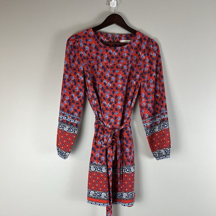 Loft S Petite Dress Floral Tie Waist Puff Sleeve Boho Red Blue