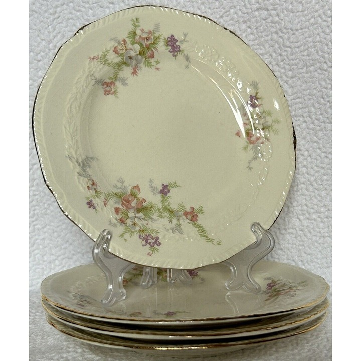 Crown Potteries Bread Plates Pattern #9107 Set Of Four Vintage 1942 Embossed GUC