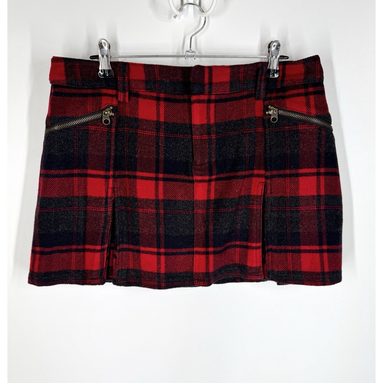 Vintage Free People Skirt 6 Tartan Kilt Red Black Plaid Pleated Exposed Zipper