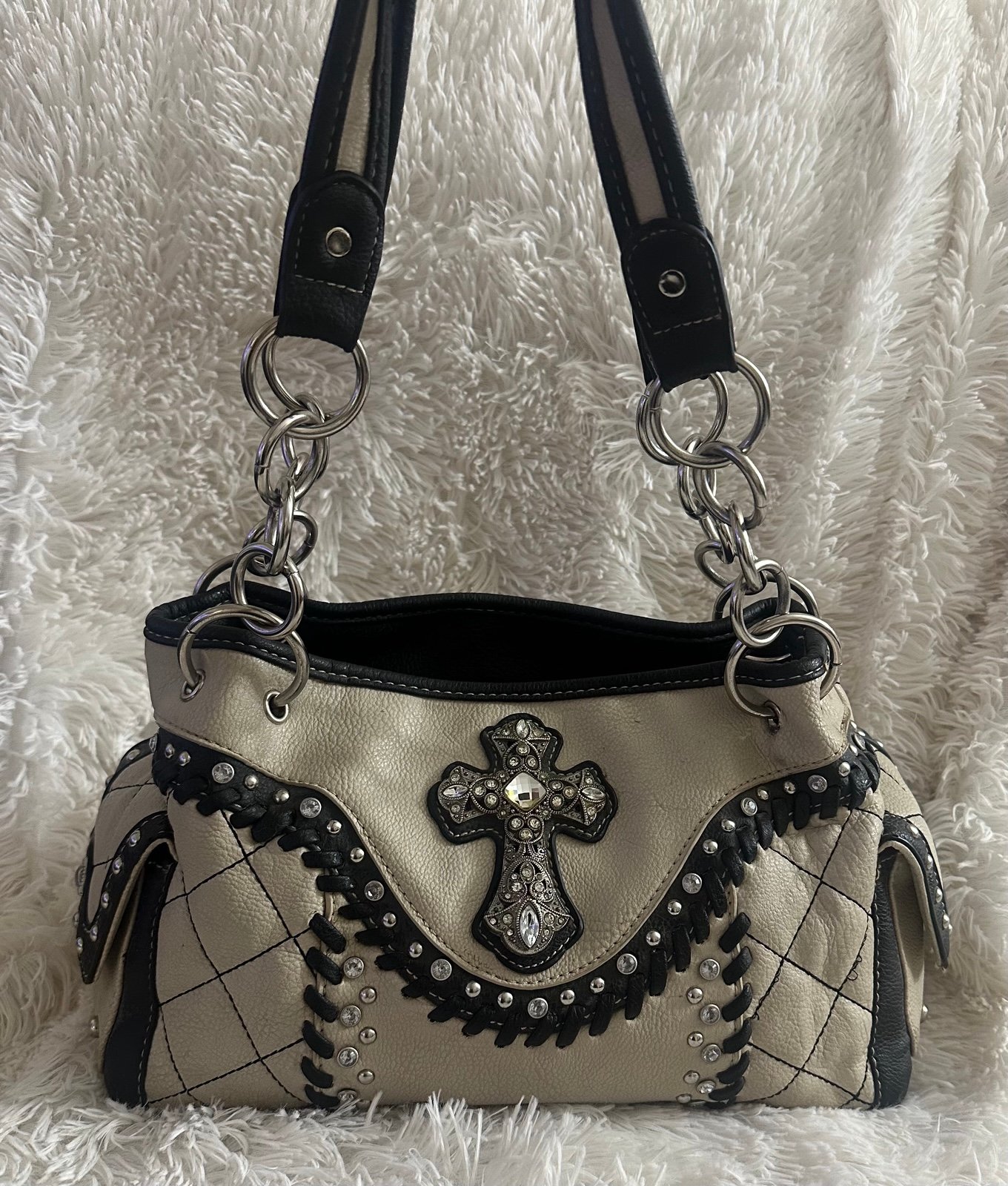 Y2K Western Embroidered Rhinestones & Studs Quilted Shoulder Bag