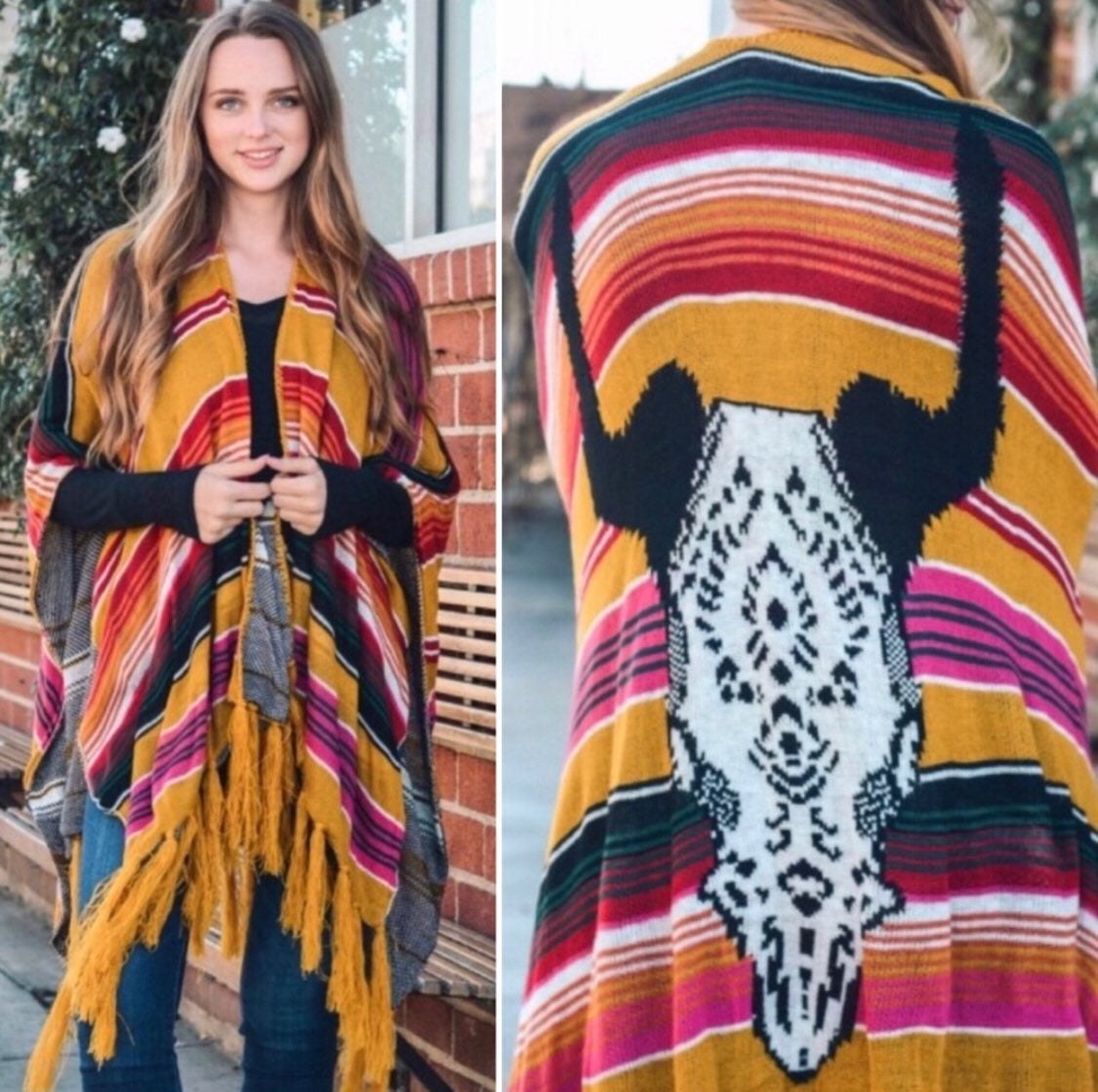 Bohemian Cow Skull Serape Ruana Poncho