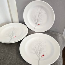 New 222 Fifth Winter Cardinal Appetizer Plates Gray Tree Bird Cocktail Dishes