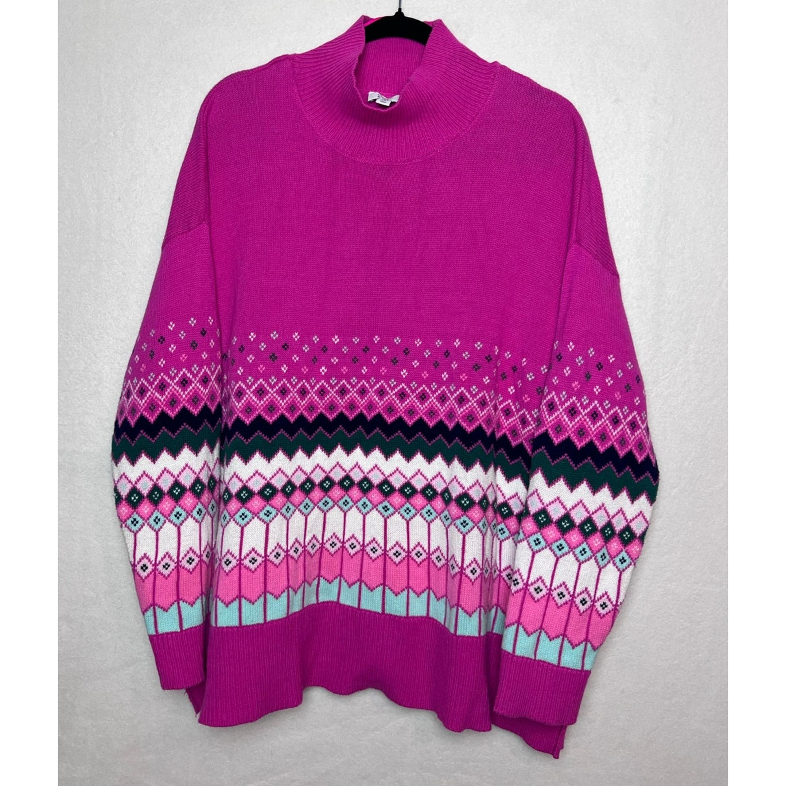 Crown & Ivy Women's Pink Multicolor Pullover Sweater Long Sleeve Mock Neck Sz 1X